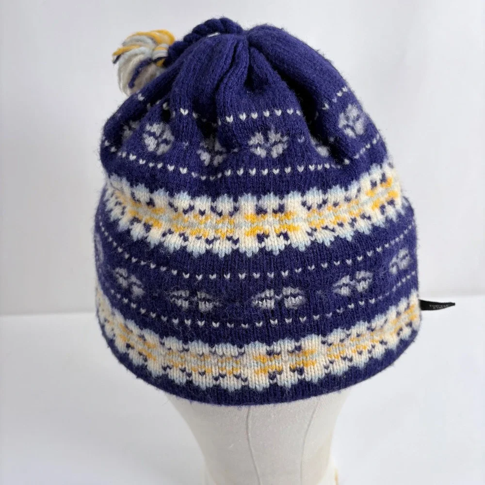 Turtle Fur Beanie Purple Fair Isle Knit‎ Fleece Lined Pom Pom Hat Women Medium
